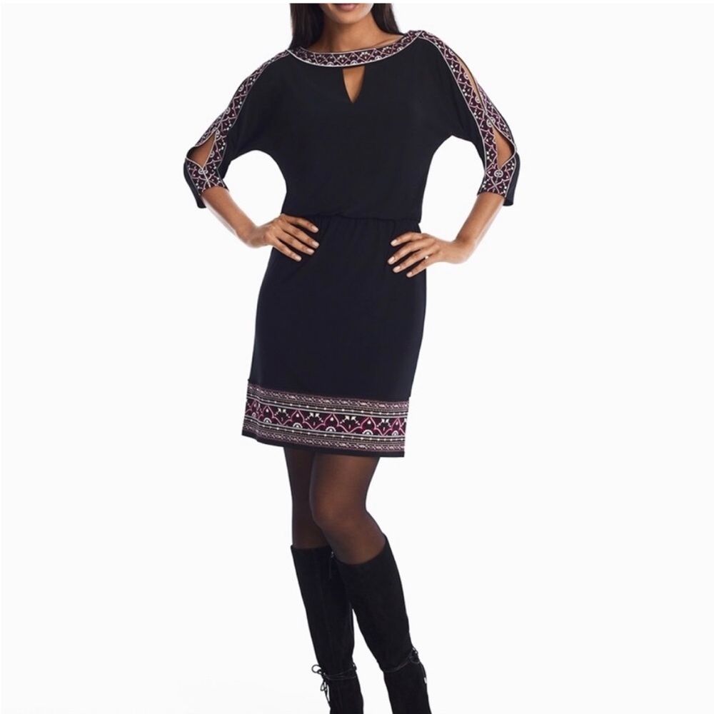 WHBM - Black Slit Sleeve Embellished Dress with Key-Hole Neckline, Size Large